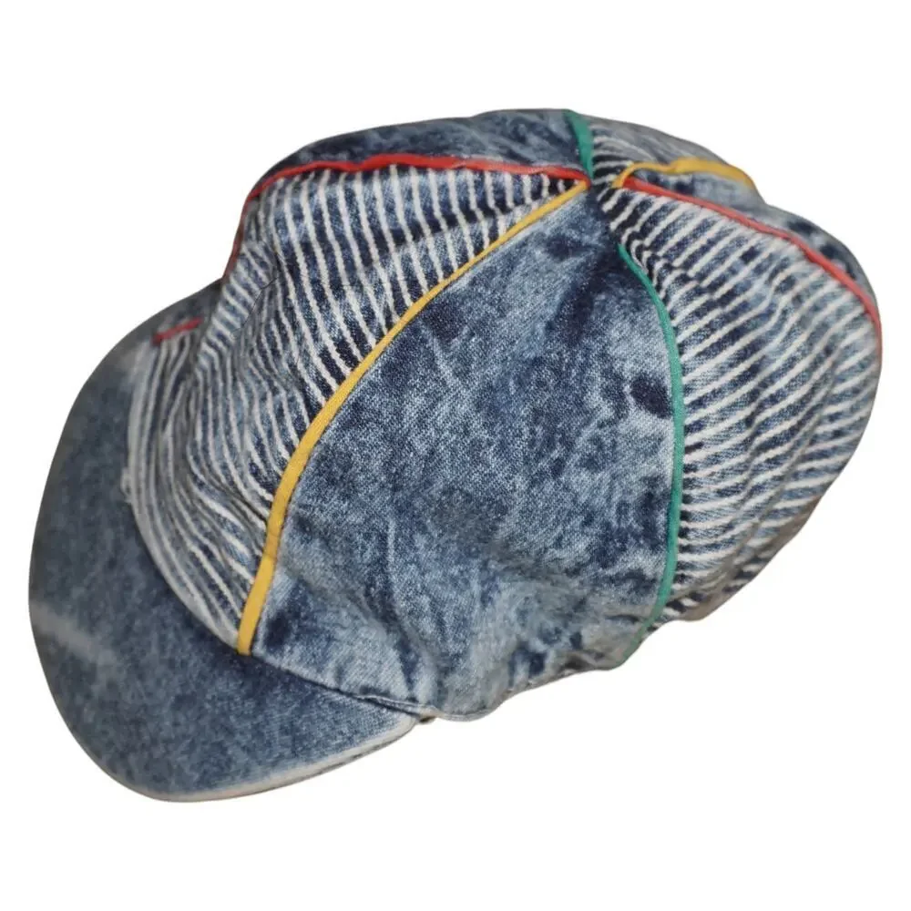 Kids Vintage 80s Denim Newsboy Cap Multicolor Piping Made in Taiwan
